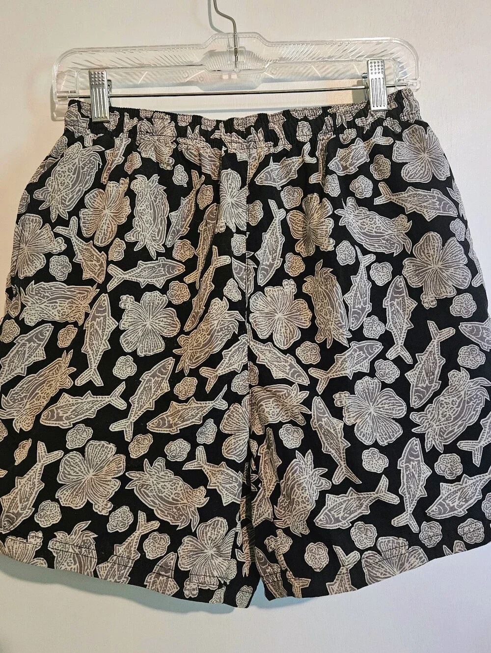 Vintage H2O Sport Men's Small Swim Trunks Black Fish Floral Print Summer